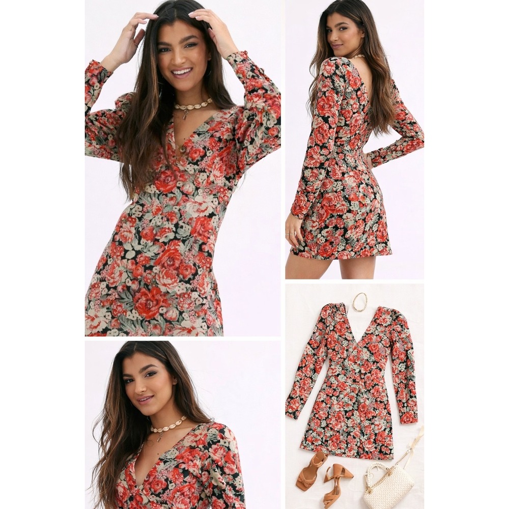 Free People Kapowski Floral Mini Dress Sz 8 Black Red Boho Romantic Cottagecore - Picture 1 of 16